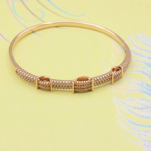 Rose Gold Plated Bangle with Double Row Cubic Zirconia Detailing, XPBL0419 - Picture 2 of 12
